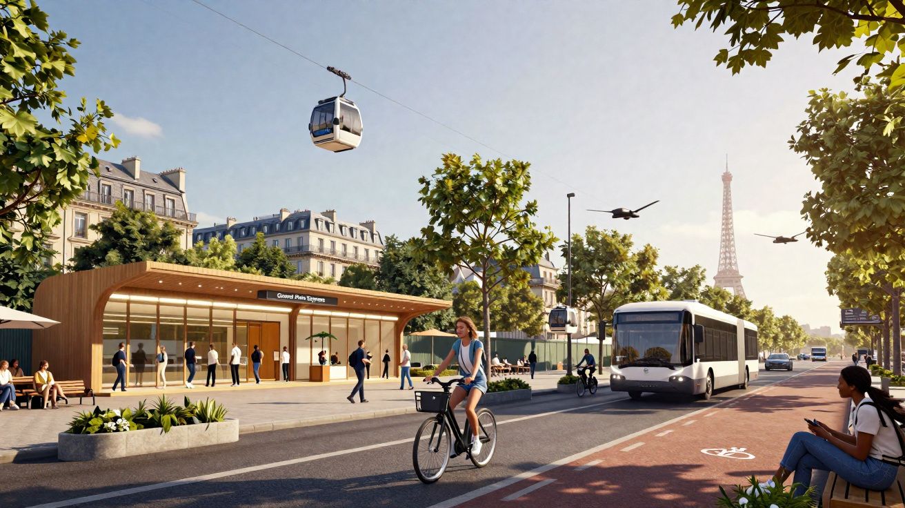 Estação de transporte em Paris com ciclovia, autocarro elétrico, teleférico urbano e Torre Eiffel ao fundo.