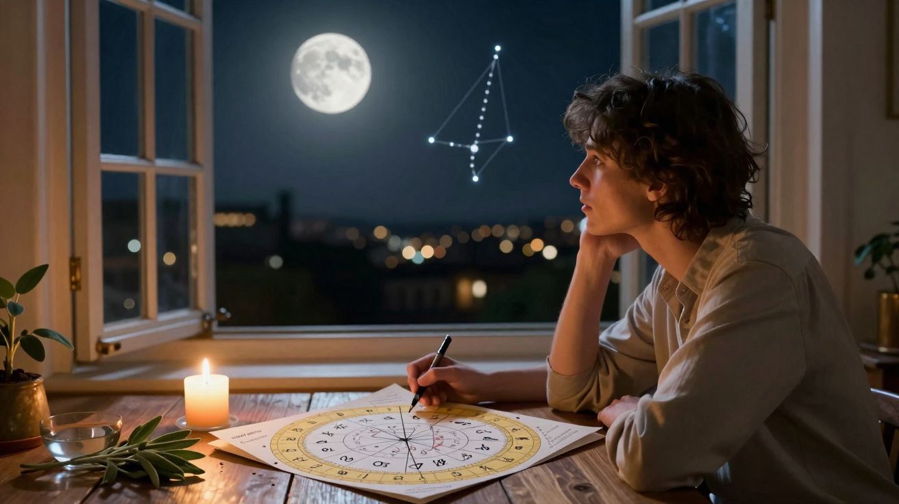 Pessoa sentada junto a uma janela aberta à noite, olhando para a lua e um mapa astrológico iluminado por uma vela.