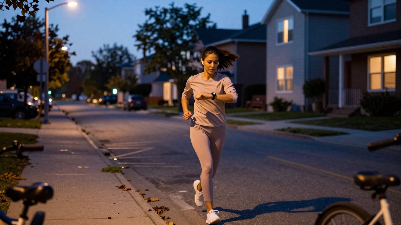 Mulher a correr à noite numa rua residencial, vestindo roupa desportiva cor de rosa e a olhar para o relógio.