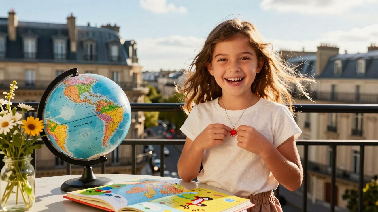Menina sorridente sentada numa varanda com globo terrestre, livro colorido e jarra de flores ao lado.