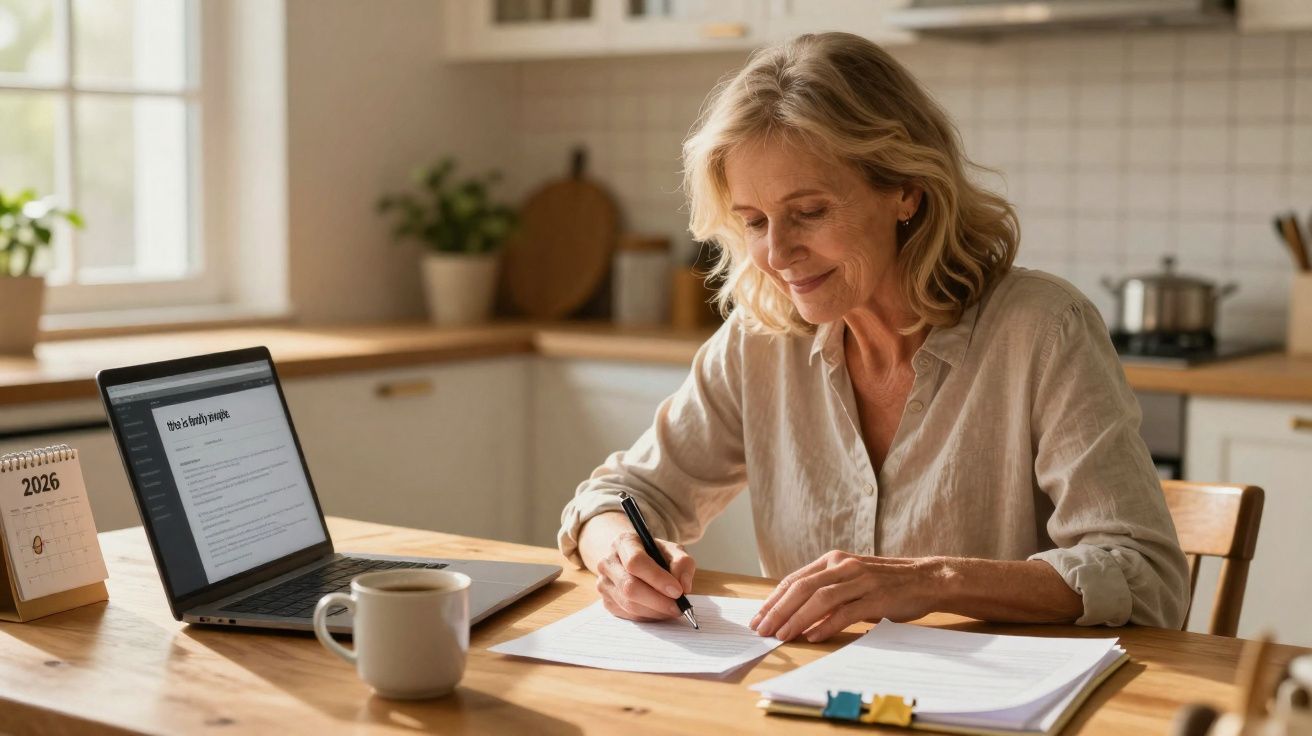 Mulher sorridente escreve em papel numa mesa com laptop, café e calendário em cozinha iluminada.