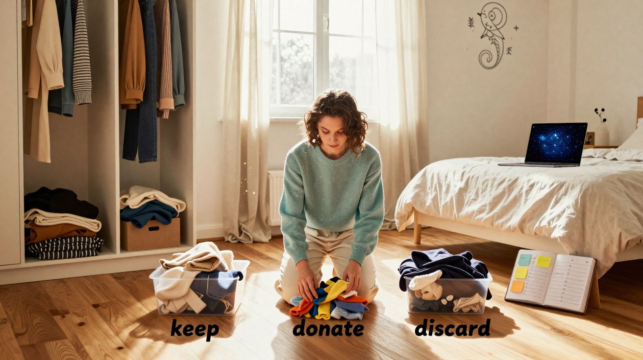 Mulher a organizar roupas em caixas etiquetadas como guardar, doar e descartar num quarto iluminado.