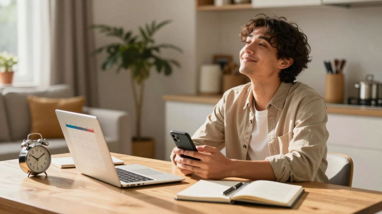 Jovem sentado à mesa com portátil, telemóvel e caderno, olhando sorridente para o lado numa sala iluminada.