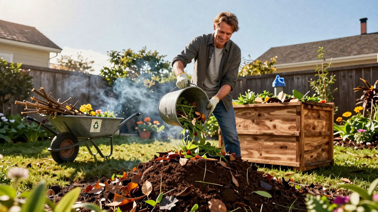 Homem a colocar folhas e restos orgânicos num compostor de madeira num jardim ensolarado.