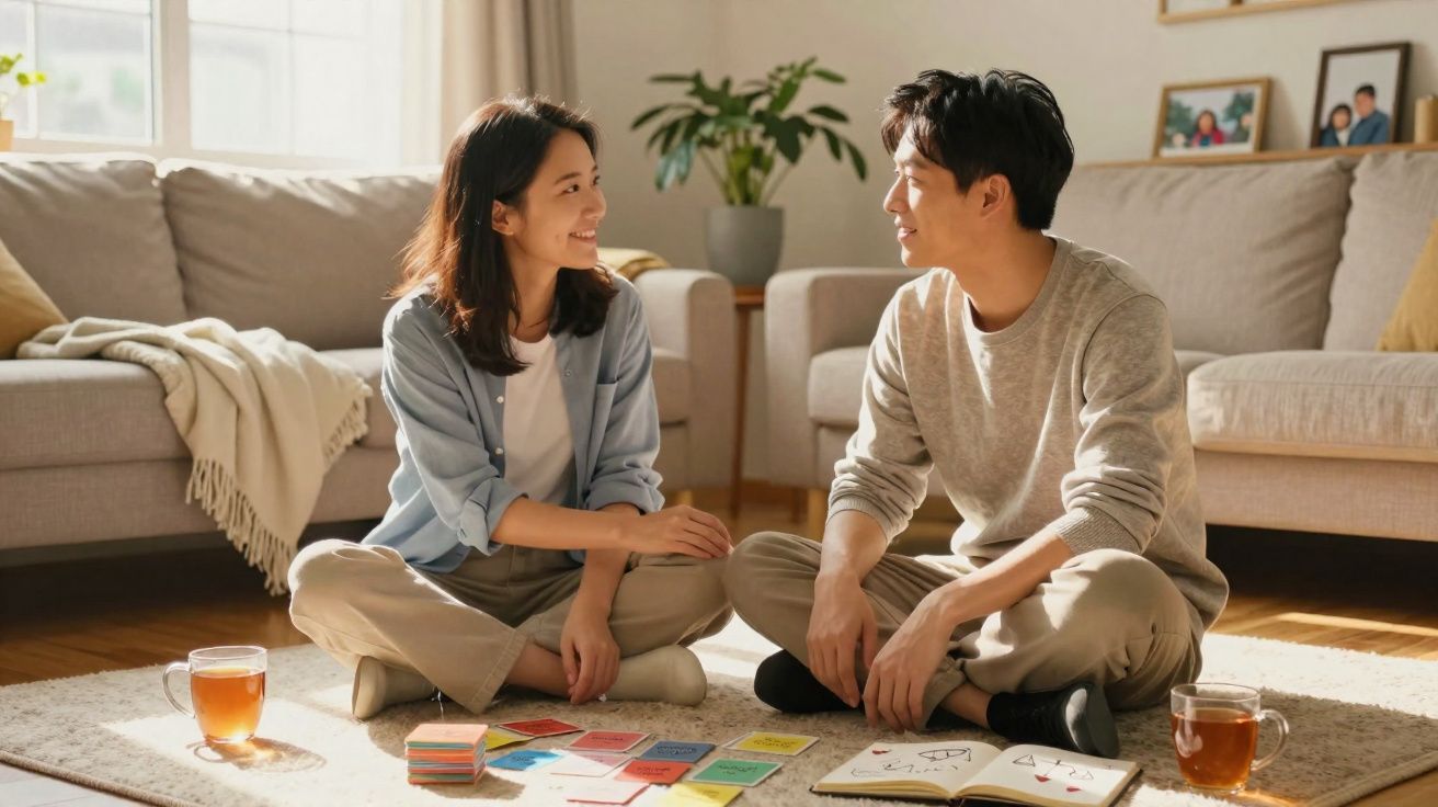 Casal sentado no chão da sala, sorrindo e a jogar um jogo de cartas, com chá em copos ao lado.
