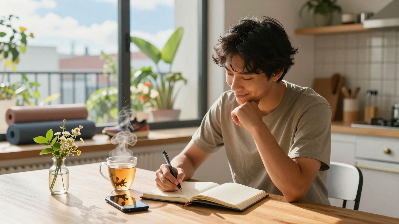 Jovem sentado à mesa a escrever num caderno com chá quente, telemóvel e vaso de flores à sua frente, em cozinha luminosa.