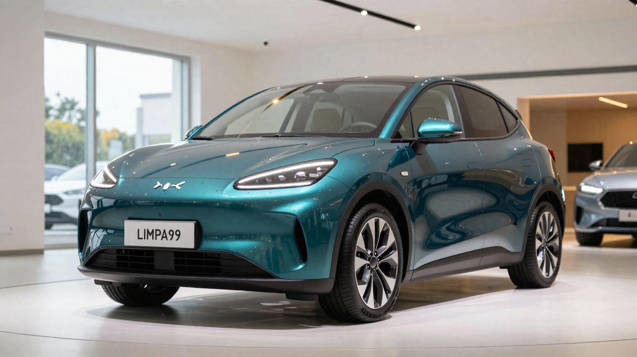 Carro elétrico azul moderno estacionado em showroom iluminado, vista frontal lateral direita.