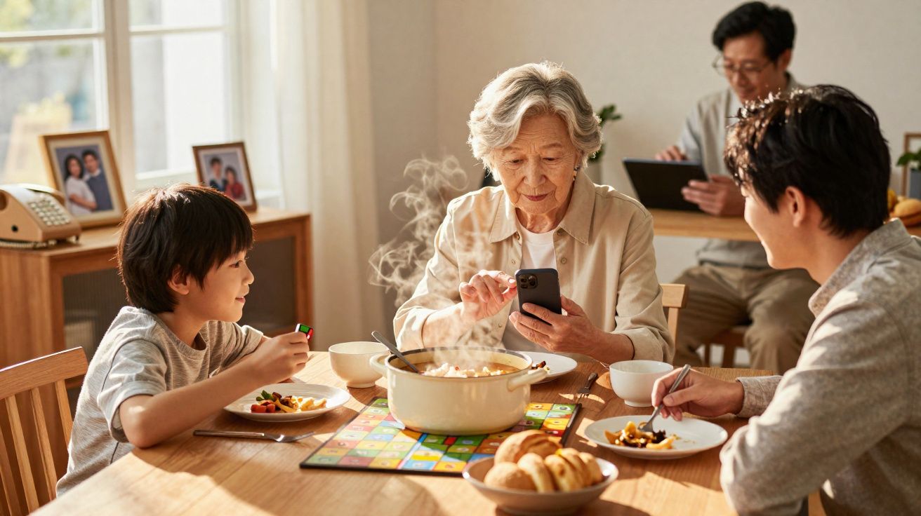 Família asiática ao redor da mesa de jantar com sopa fumegante e jogo de tabuleiro, interagindo e sorrindo.