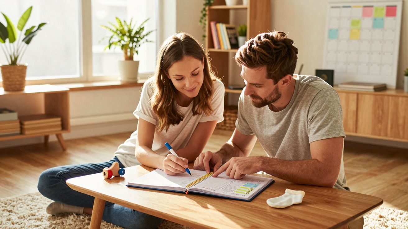 Casal sentado no chão a planear num caderno numa sala iluminada e decorada com plantas.