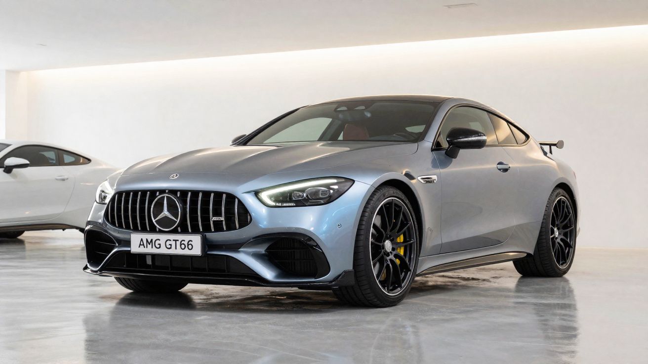 Carro desportivo cinza Mercedes-Benz AMG GT66 estacionado em garagem com piso brilhante.