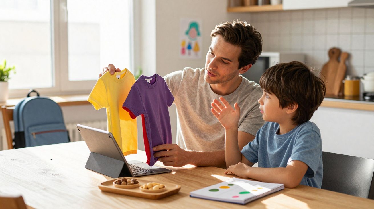Pai e filho à mesa a escolher t-shirts coloridas olhando para um tablet, com caderno e snacks à mesa na cozinha.
