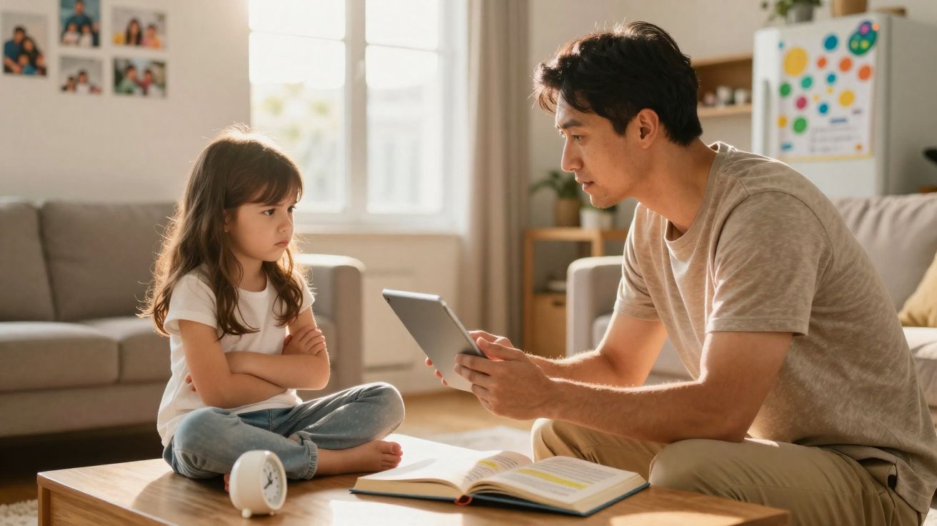 Pai a tentar explicar a filha sentada com braços cruzados, ambos em sala iluminada e com mesa e livros à frente.