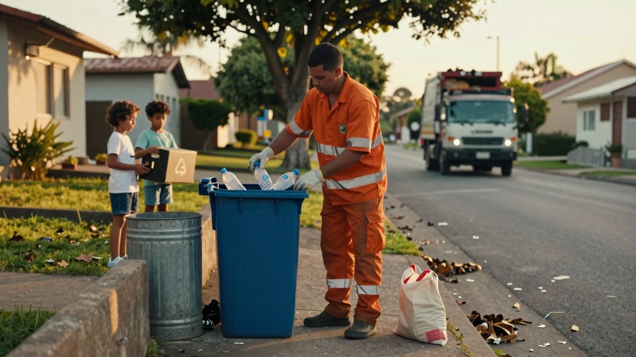 Coletores de resíduos recolhem recicláveis enquanto duas crianças observam numa rua residencial ao entardecer.