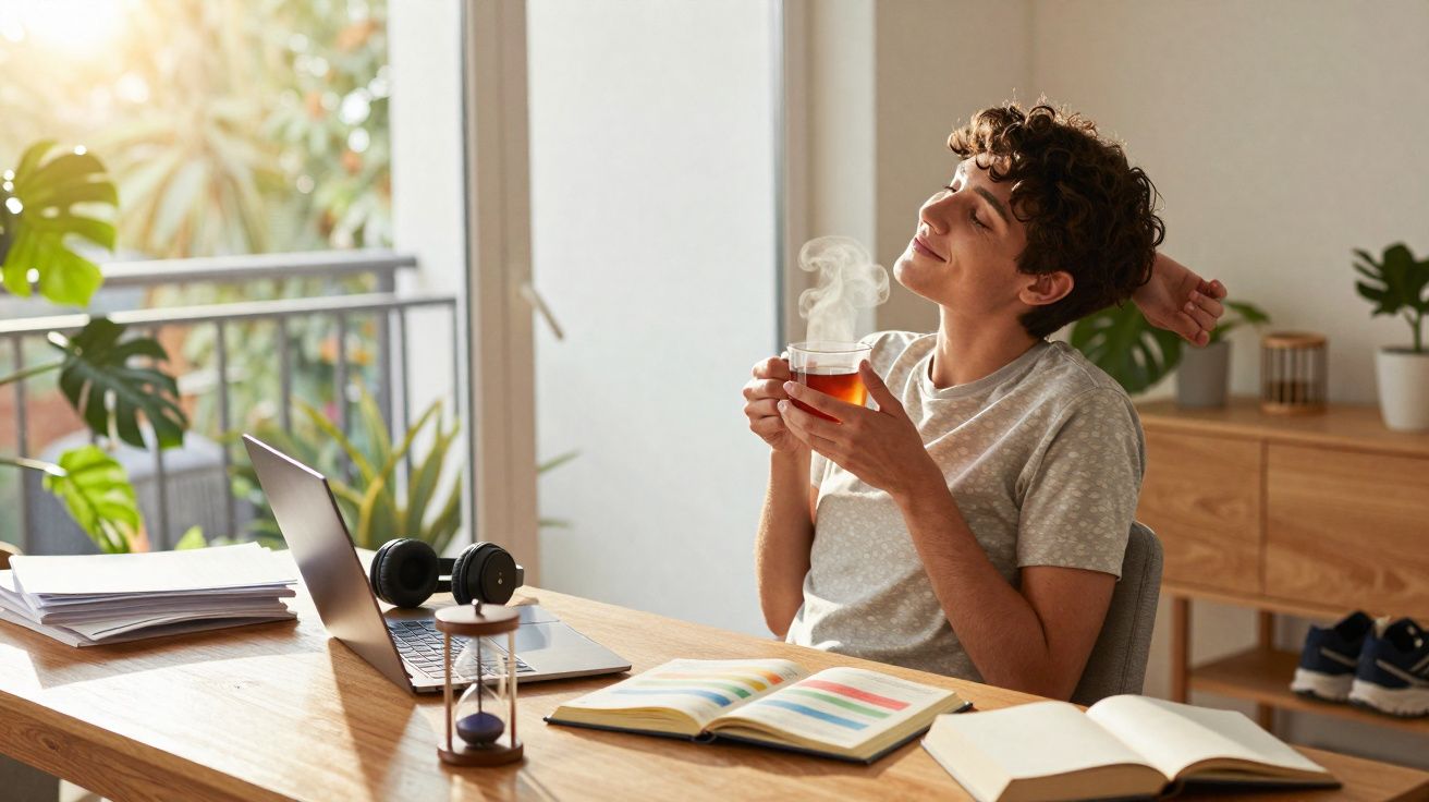 Pessoa a relaxar com chá quente, sentada numa mesa com livro aberto e computador portátil.
