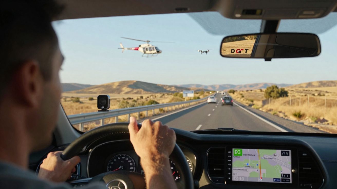 Condutor numa autoestrada com helicóptero e drone no céu, e câmara instalada no pára-brisas do carro.