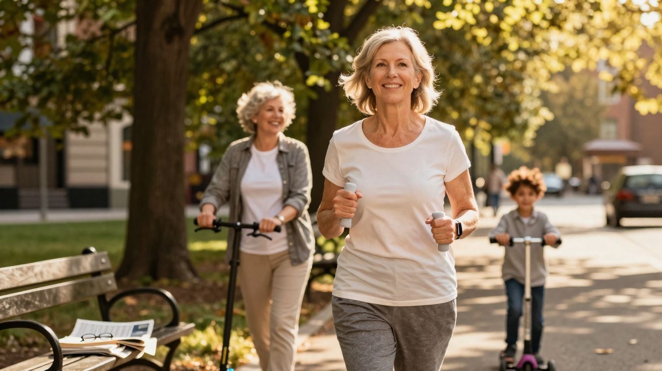 Mulher sénior a correr num parque enquanto outra anda de trotinete e uma criança também anda de trotinete.