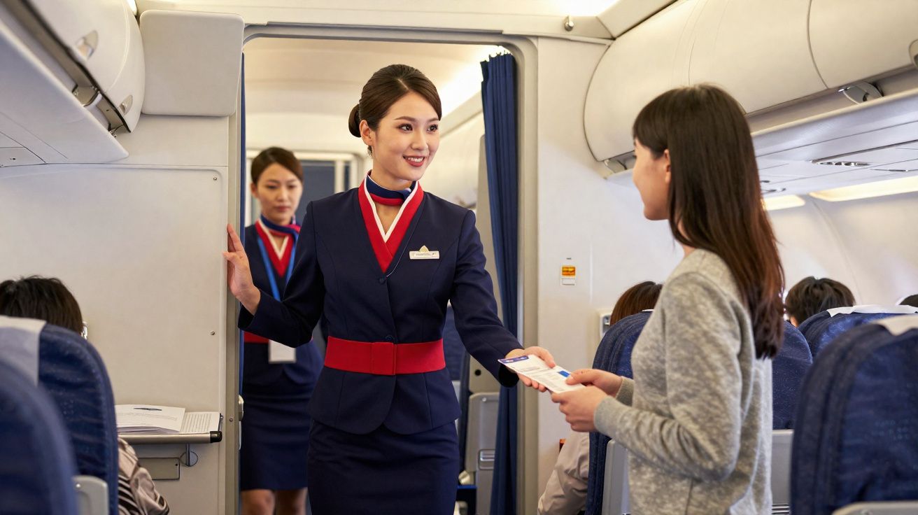Comissária de bordo a verificar bilhete com passageira dentro de avião.