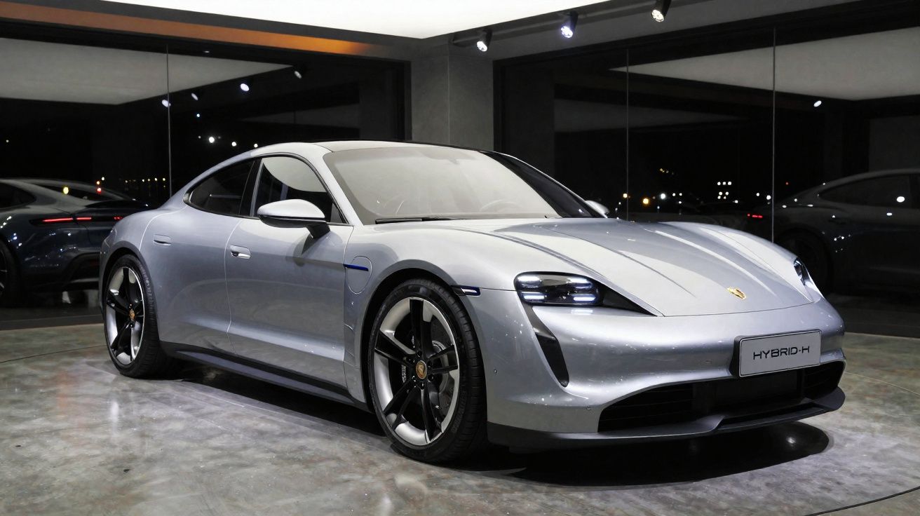 Carro elétrico desportivo prata Porsche Taycan em exposição, com reflexos no chão e nas paredes espelhadas.