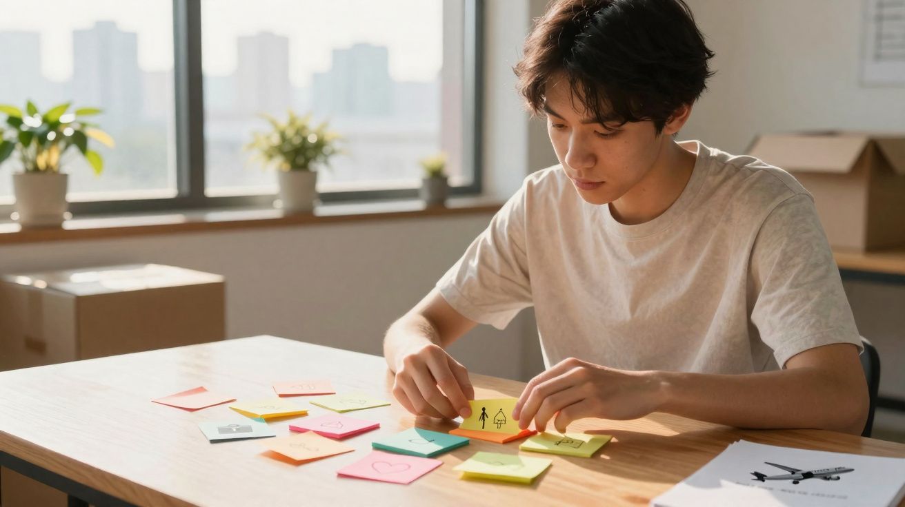 Jovem sentado à mesa a organizar notas autocolantes coloridas com desenhos e símbolos.