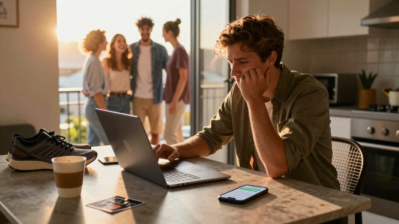 Jovem sentado a trabalhar em computador portátil numa cozinha, enquanto três amigos conversam ao fundo na varanda.