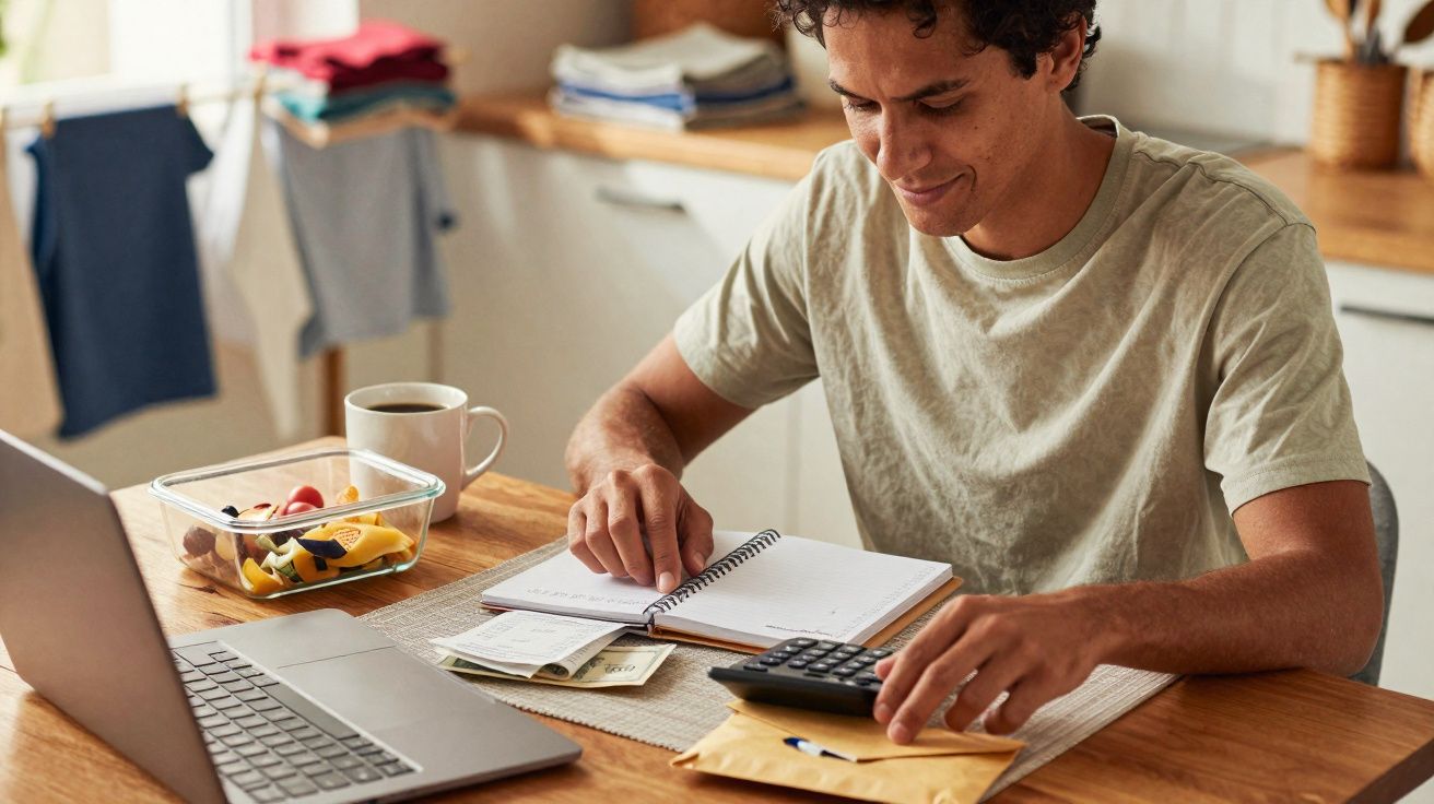 Homem sentado à mesa a calcular despesas com calculadora, caderno e envelope, computador e café à frente.