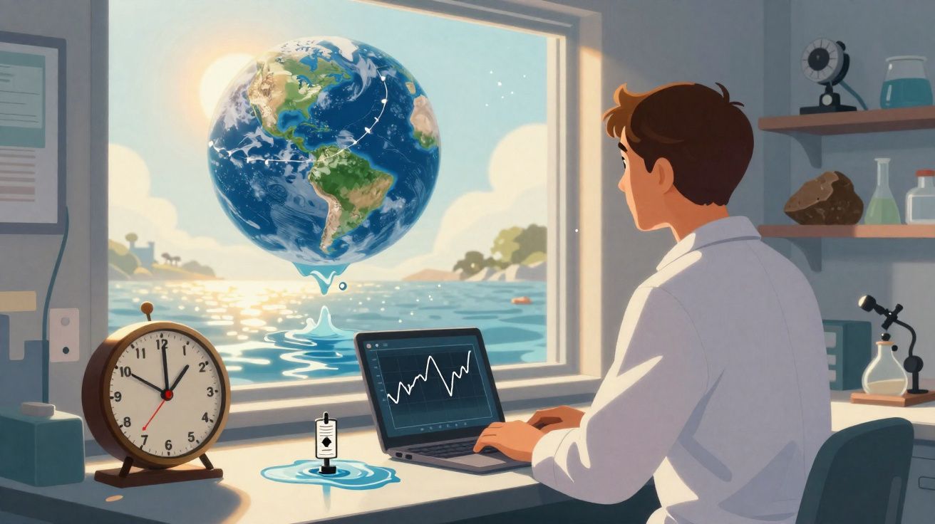 Homem a trabalhar num portátil com gráficos, relançando o planeta Terra numa janela sobre a água.