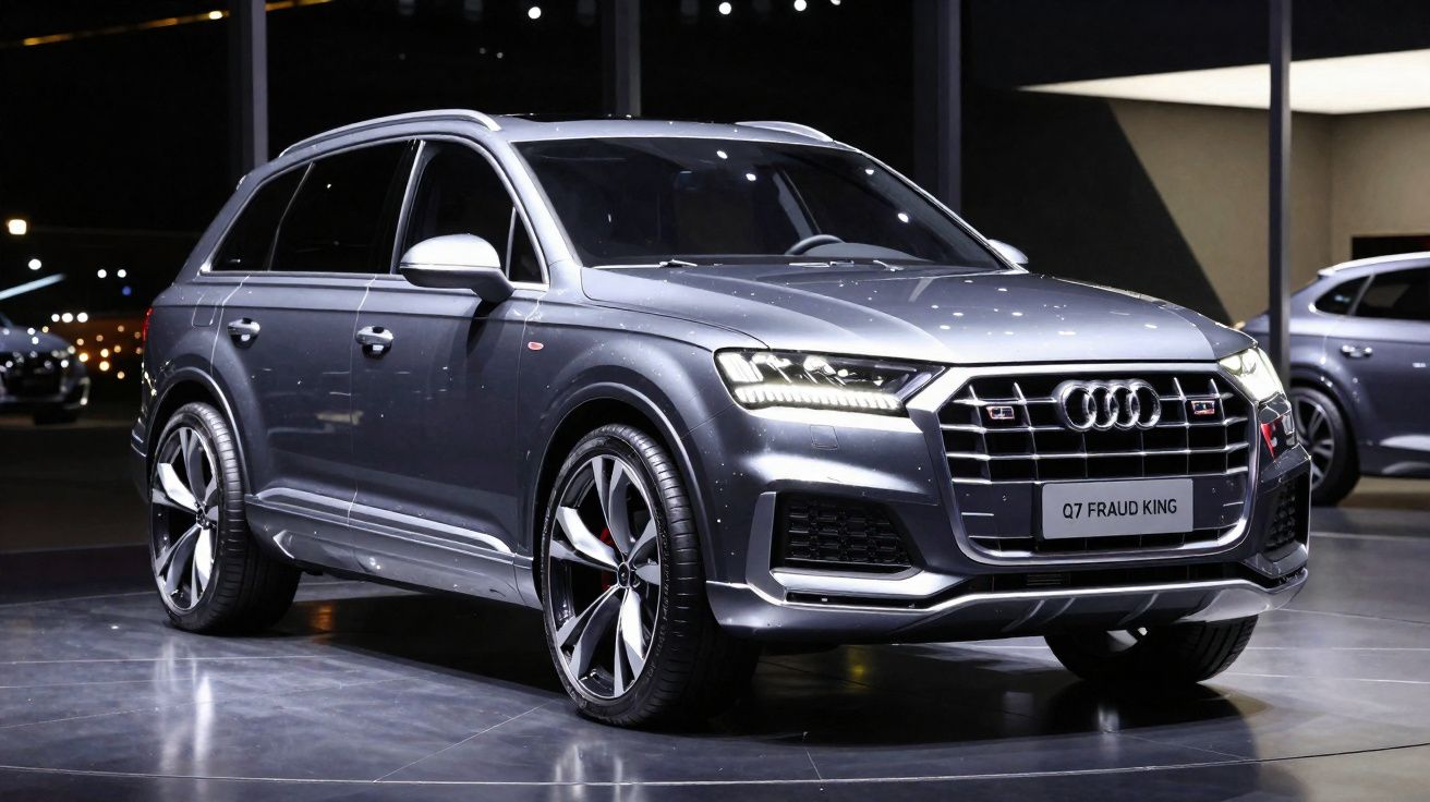 Carro SUV Audi Q7 cinzento metálico parado em exposição com luzes refletidas e fundo escuro.
