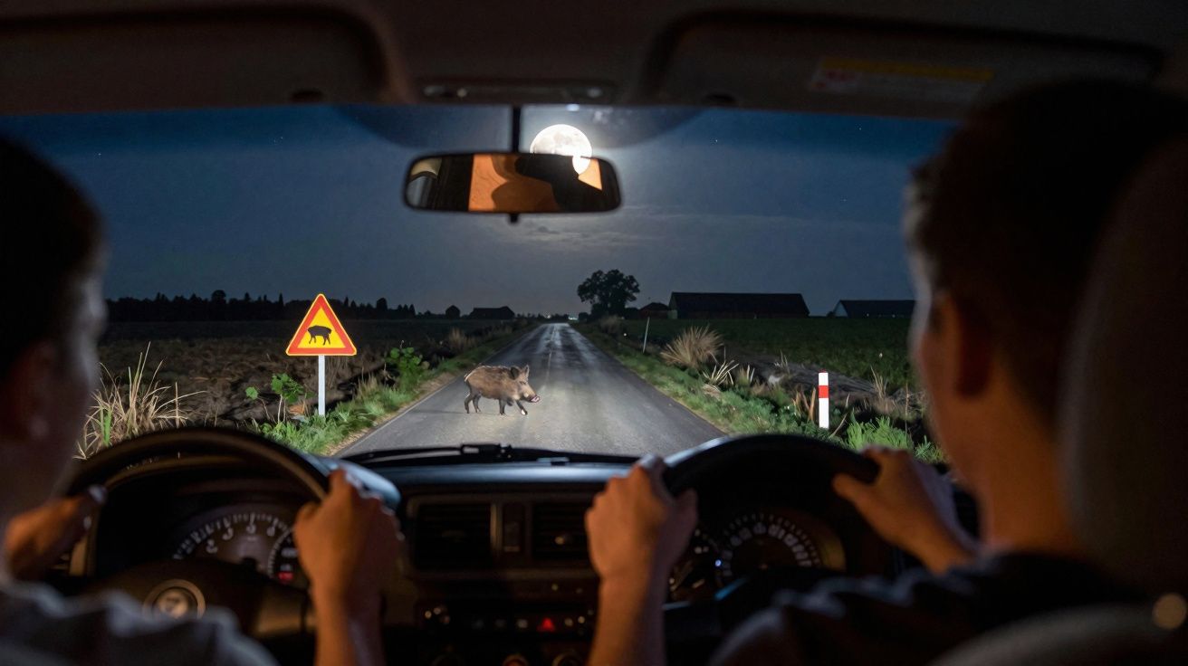 Interior de carro à noite com dois ocupantes, javali a atravessar estrada rural iluminada pela lua cheia.