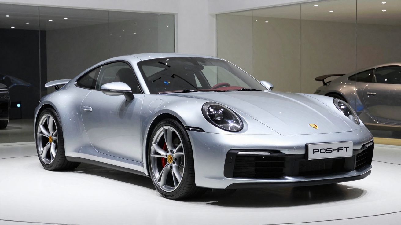 Carro desportivo Porsche prata exibido em salão com espelhos e piso branco.