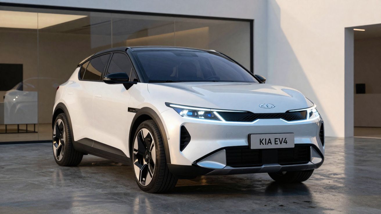 Carro elétrico branco Kia EV4 estacionado junto a uma parede moderna com janelas de vidro.