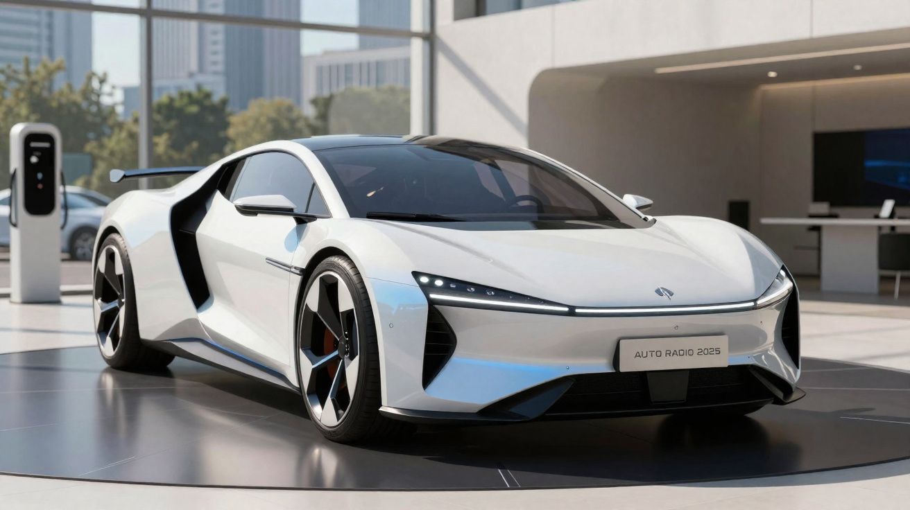 Carro desportivo elétrico branco com design futurista, em exposição numa sala moderna com carregador ao fundo.