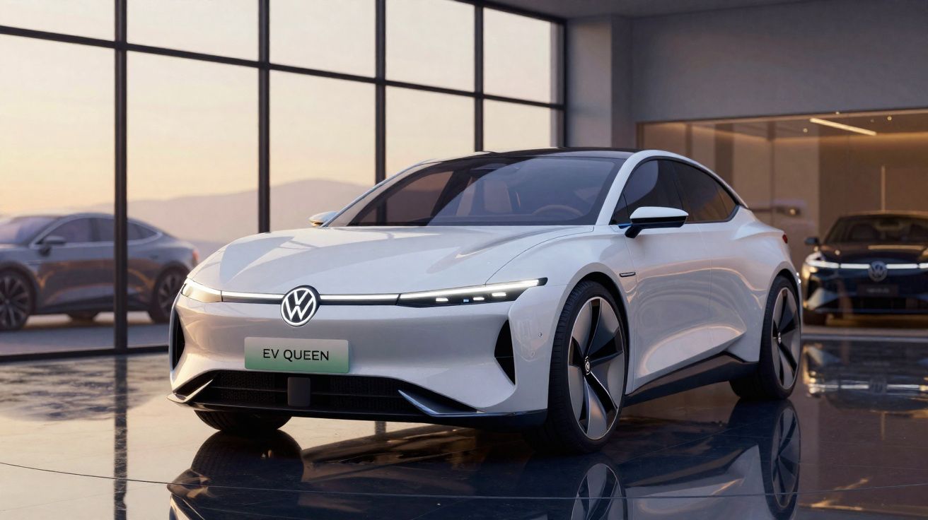 Carro elétrico branco Volkswagen EV Queen em exposição numa sala moderna com janelas amplas.