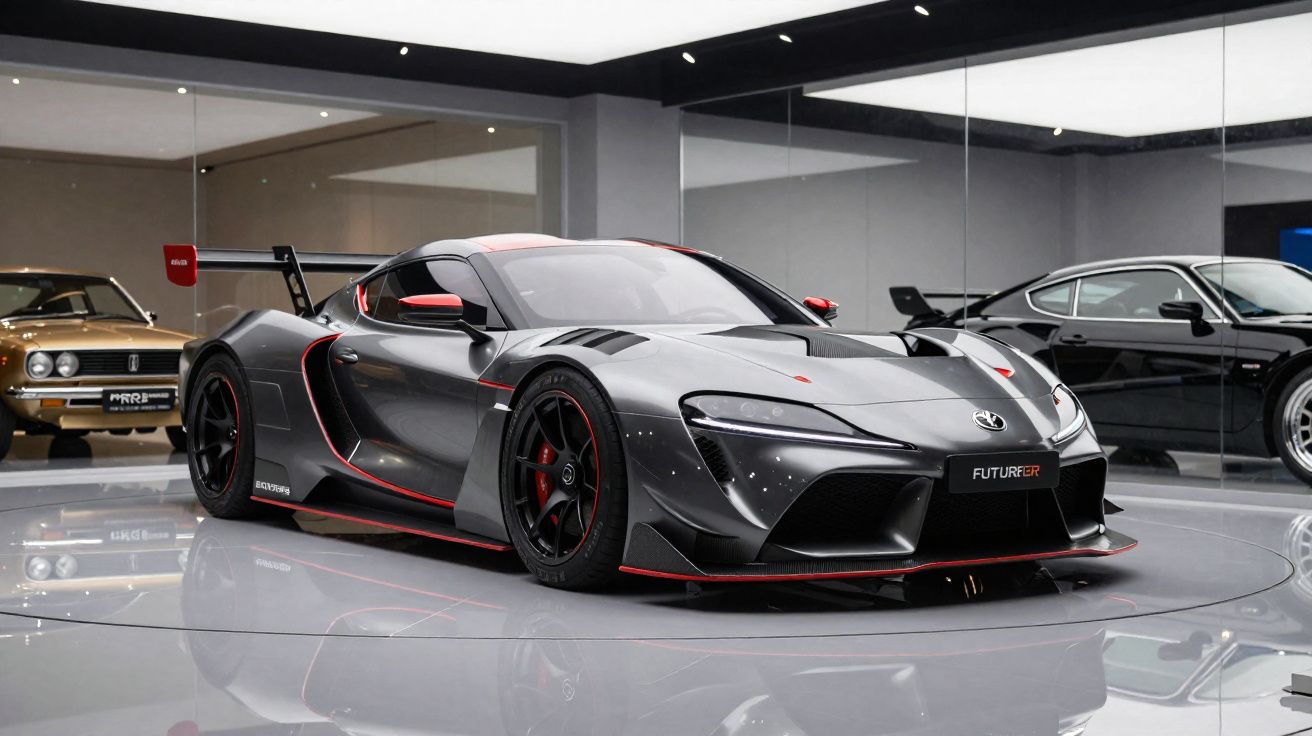 Carro desportivo cinzento escuro brilhante com detalhes vermelhos num espaço moderno e espelhado.