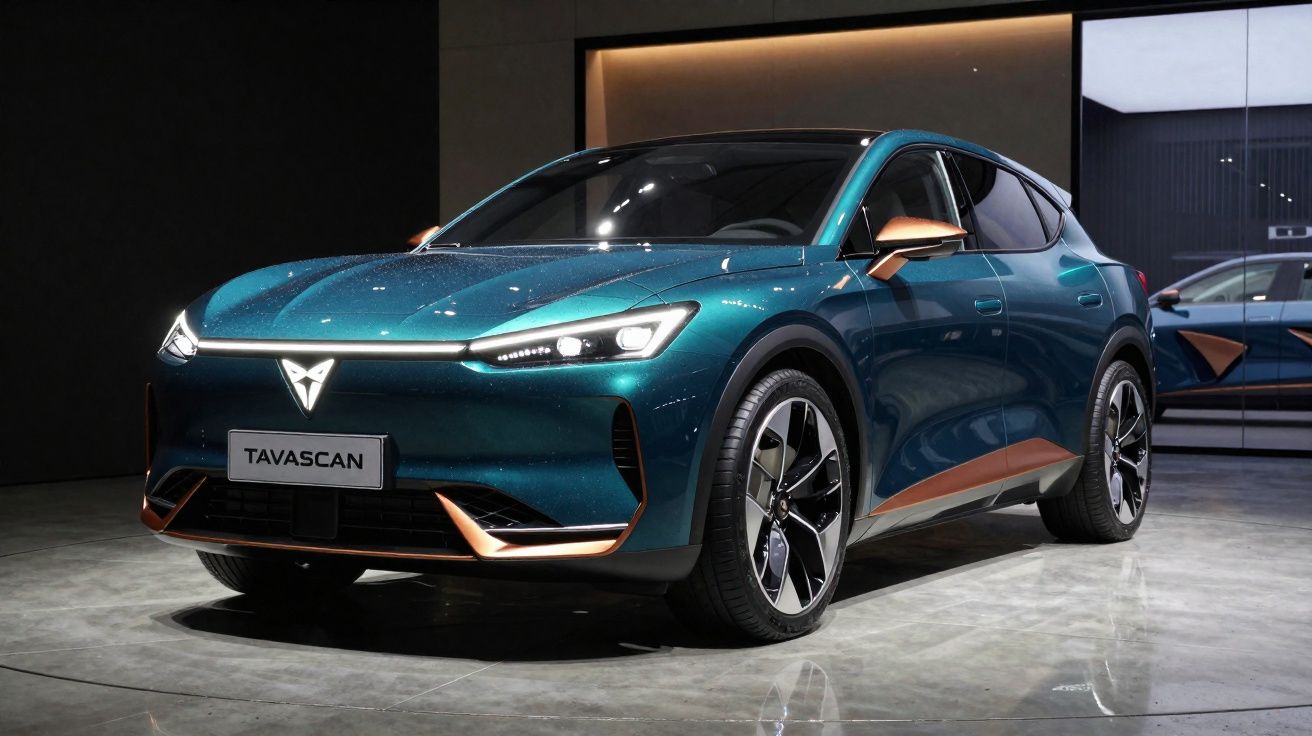 Carro elétrico Cupra Tavascan verde com detalhes em cobre, apresentado em ambiente de exposição moderno.
