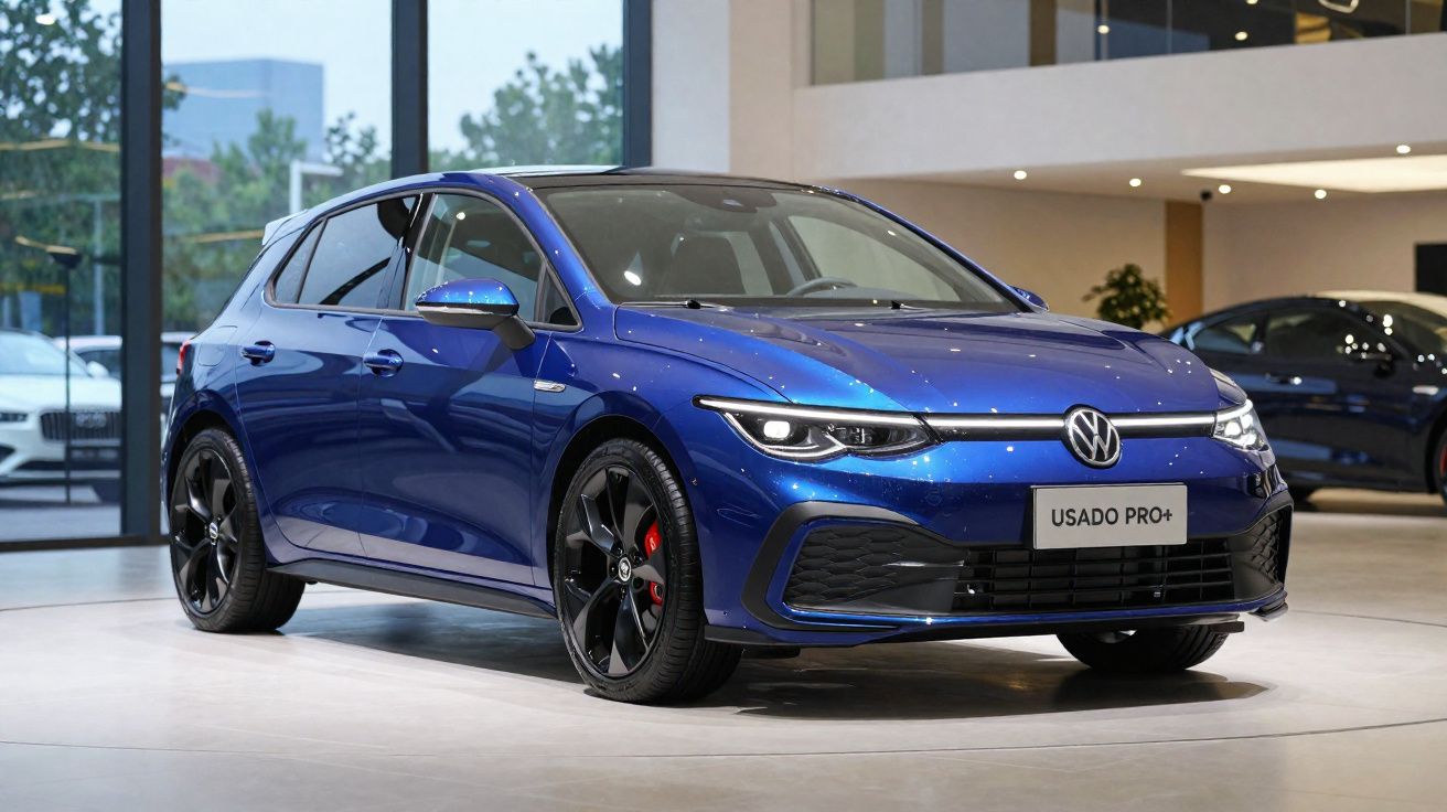 Automóvel Volkswagen azul metálico em exposição numa loja, com jantes negras e inscrição "Usado Pro+" na matrícula frontal.