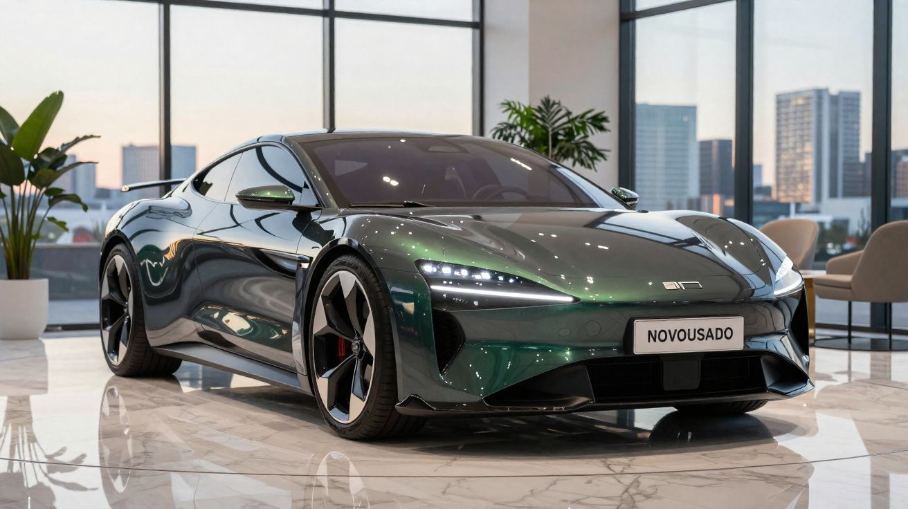 Carro desportivo verde escuro em exibição numa sala moderna com grandes janelas e chão branco.