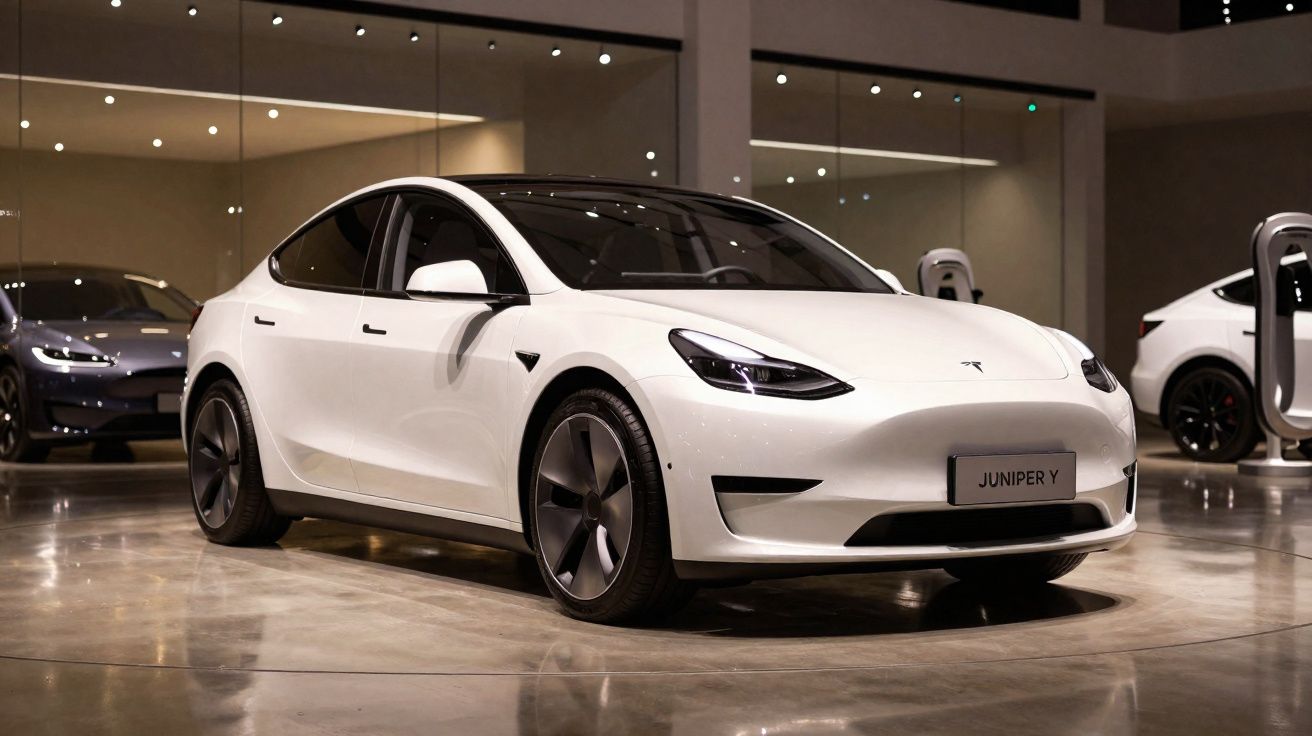 Carro elétrico Tesla branco modelo Y estacionado em showroom moderno com chão polido.