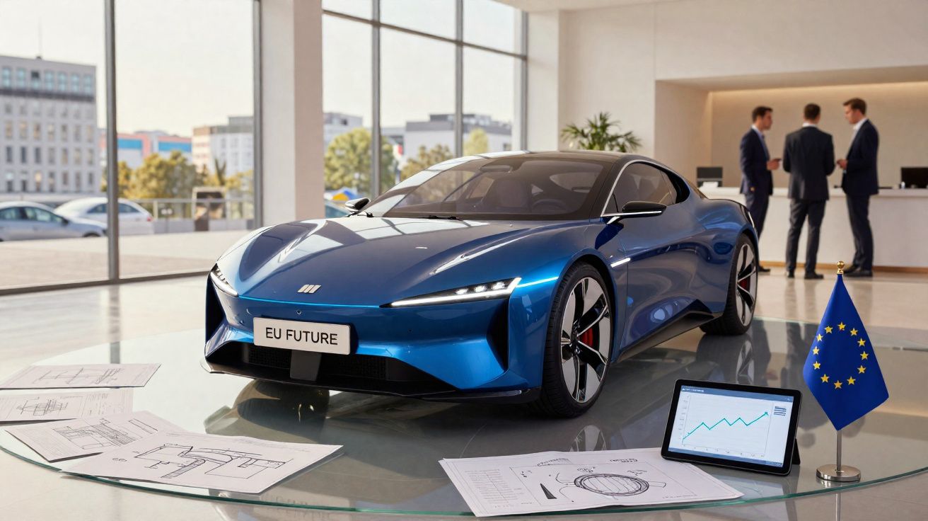 Carro elétrico azul futurista numa sala de exposição com três homens em conversa ao fundo e símbolos da União Europeia.