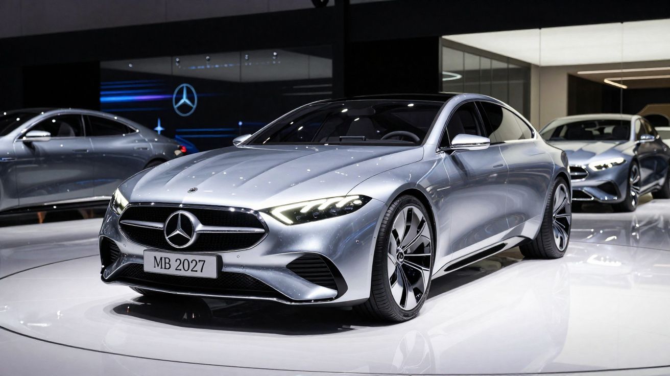 Automóvel Mercedes-Benz prata moderno em exposição com faróis ligados e design aerodinâmico elegante.
