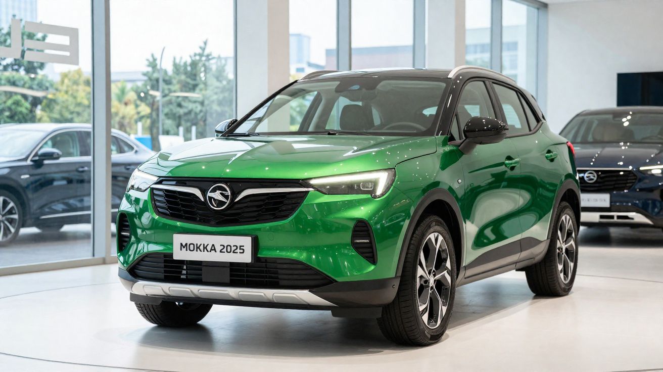 Carro SUV Opel Mokka 2025 verde exposto em showroom moderno com grandes janelas.