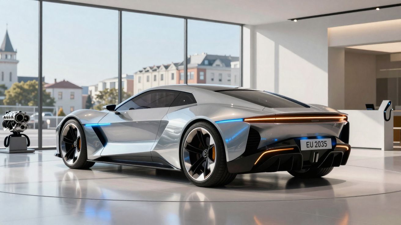 Carro desportivo futurista prateado, com design aerodinâmico, em exposição num salão moderno com janelas grandes.