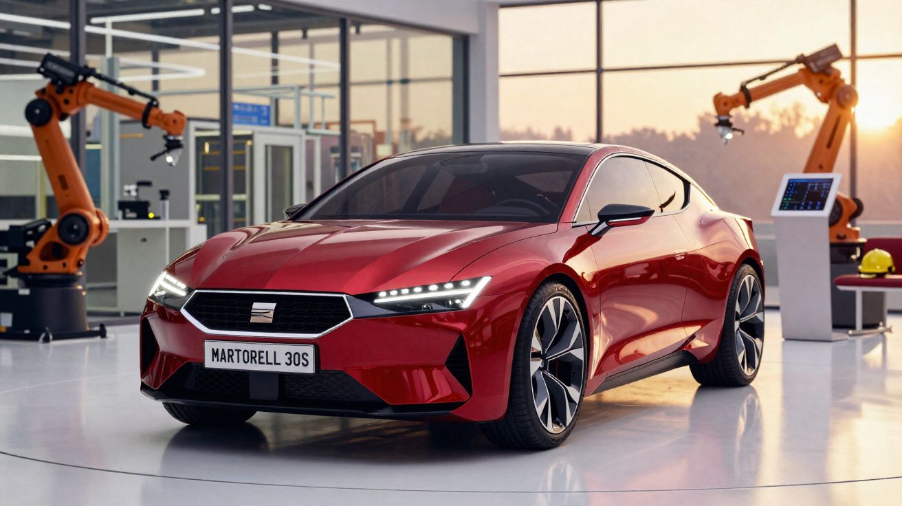 Carro desportivo vermelho modelo Martorell 30S numa oficina moderna com braços robóticos ao fundo.