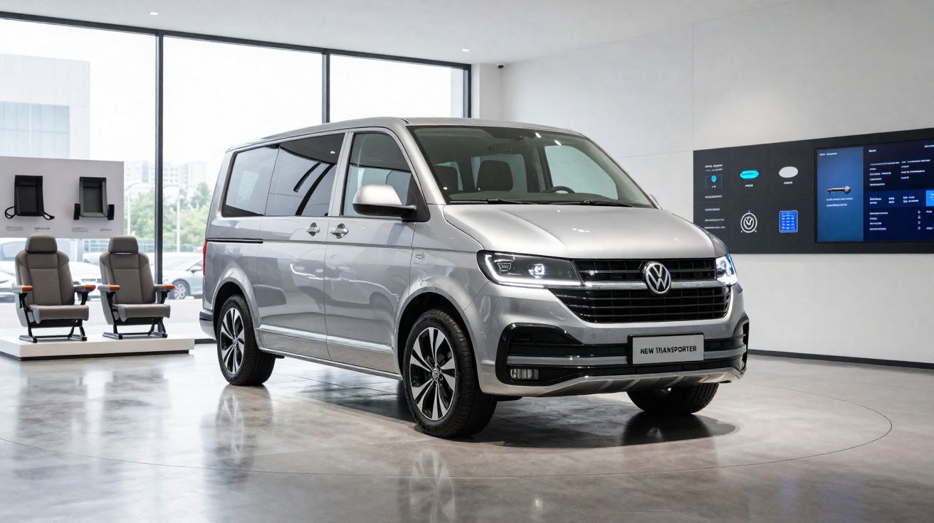 Volkswagen Transporter novo modelo prateado exibido em salão de exposições moderno com assentos ao lado.