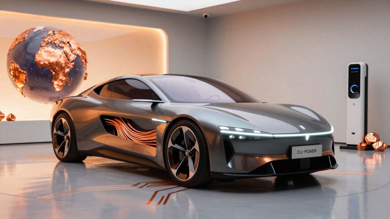 Carro elétrico moderno cinza com detalhes laranja exibido em galeria futurista com globo iluminado.