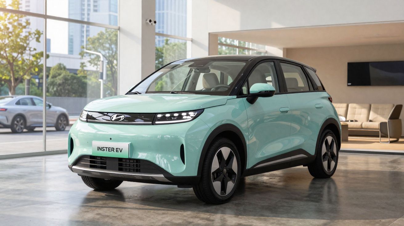 Carro elétrico Hyundai INSTER EV verde água estacionado em showroom moderno com grandes janelas.