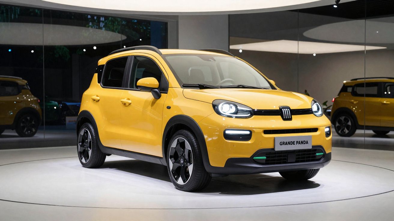 Automóvel Fiat Grande Panda amarelo exposto em palco circular com espelho ao fundo.