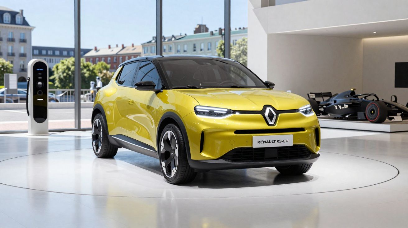 Renault RS-EU amarelo exposto numa sala moderna com janela panorâmica e carro de Fórmula 1 ao fundo.