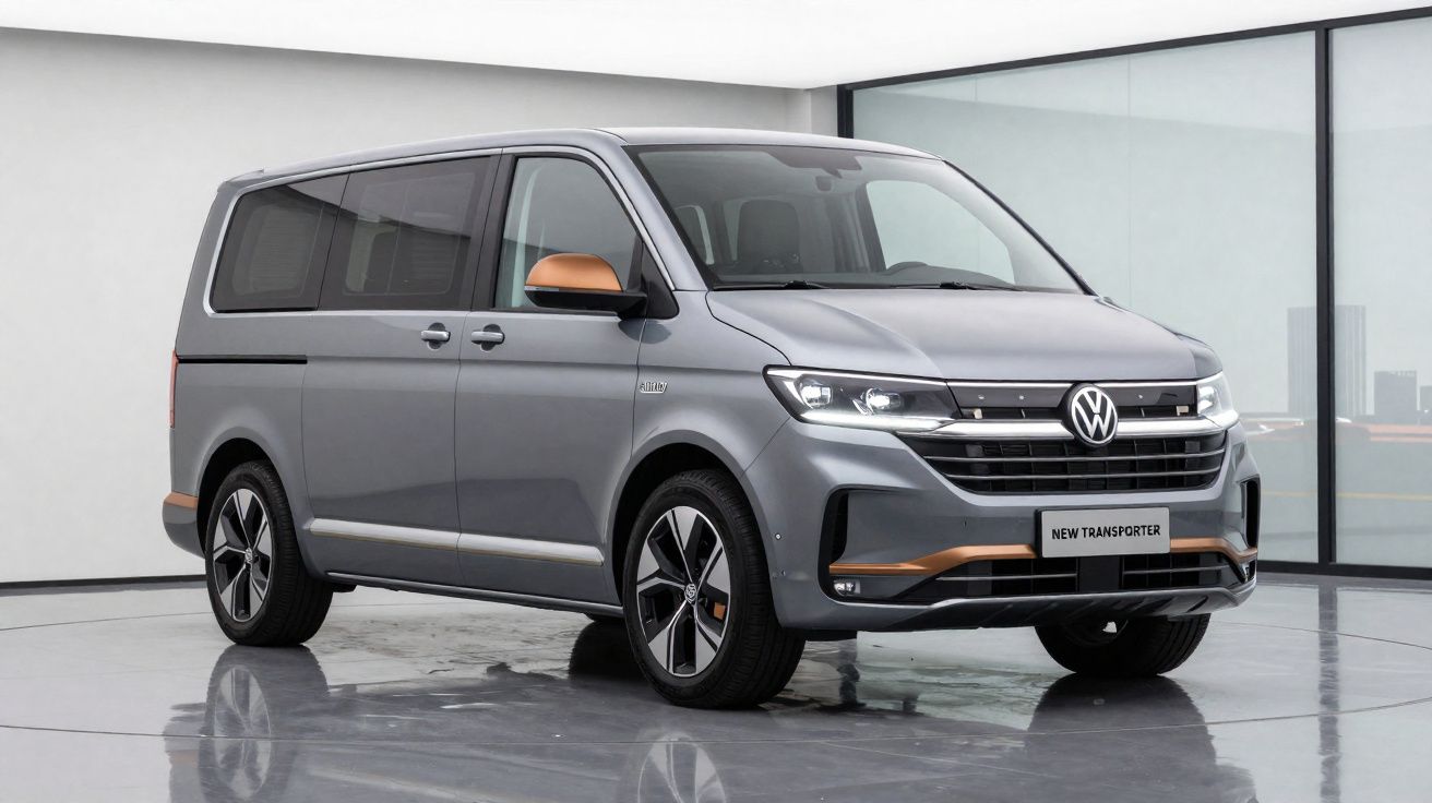Carrinha Volkswagen Transporter cinzenta com detalhes em cobre num espaço interior moderno e luminoso.