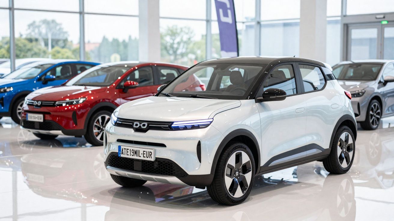 Carros elétricos compactos de várias cores expostos num salão moderno e iluminado.