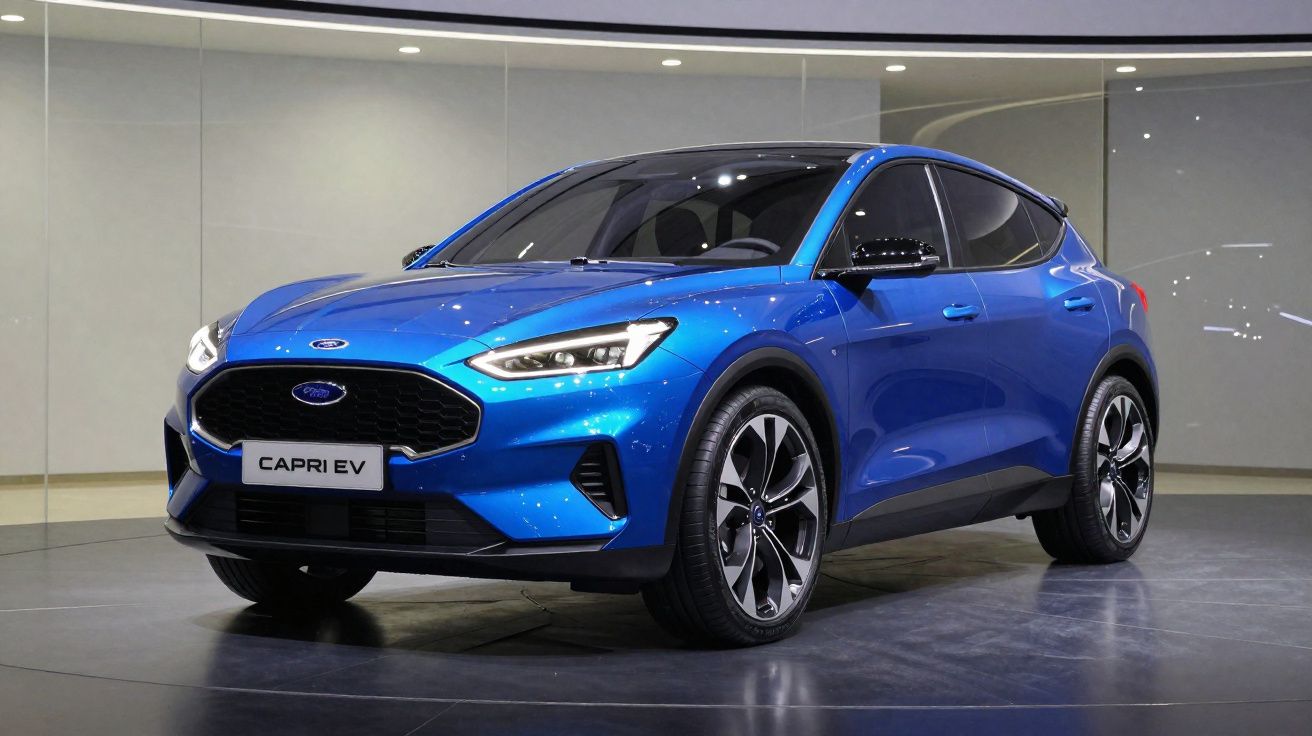 Carro elétrico Ford Capri EV azul em exposição numa sala com chão cinzento e paredes claras.